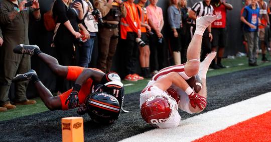 OU football WR Drake Stoops reacts to pass interference no-call vs OSU